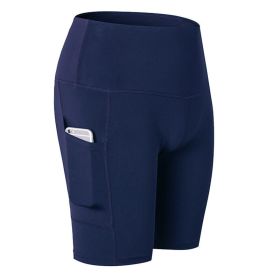 Women's Shorts Yoga Workout Running Compression Exercise Shorts Side Pockets (Color: Navy, size: S)