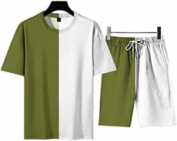 Men's Round Collar Suit 2 Piece Short Sports Set Short Shirt+ Pants Tracksuit Gym Suits (Color: GREEN+WHITE-XL)