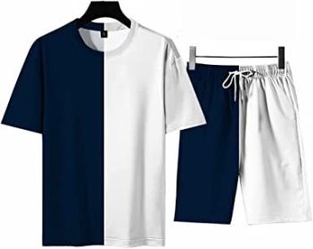 Men's Round Collar Suit 2 Piece Short Sports Set Short Shirt+ Pants Tracksuit Gym Suits (Color: DARK BLUE+WHITE-M)