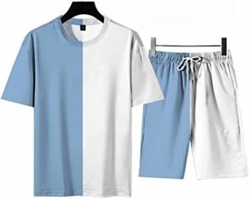 Men's Round Collar Suit 2 Piece Short Sports Set Short Shirt+ Pants Tracksuit Gym Suits (Color: LIGHT  BLUE+WHITE-XL)