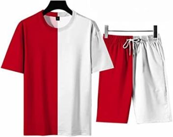 Men's Round Collar Suit 2 Piece Short Sports Set Short Shirt+ Pants Tracksuit Gym Suits (Color: RED+WHITE-M)